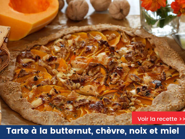 Tarte à la butternut, chèvre, noix et miel